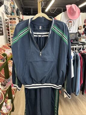 FP Movement Here To There Track Set Navy Blue Green Striped NWT